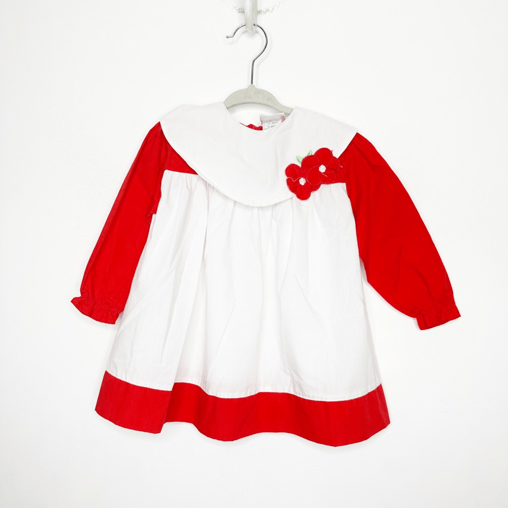 VTG 60s 70s MAYFAIR RED white pinafore dress long sleeve collar Baby Girl 24 M - Picture 2 of 6